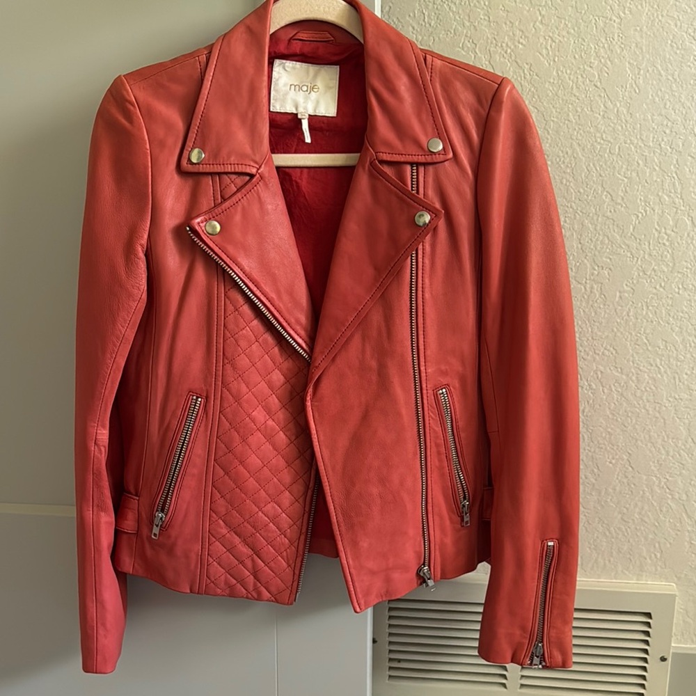 Maje Red Leather Jacket Asymmetrical Zipper Quilted Sides